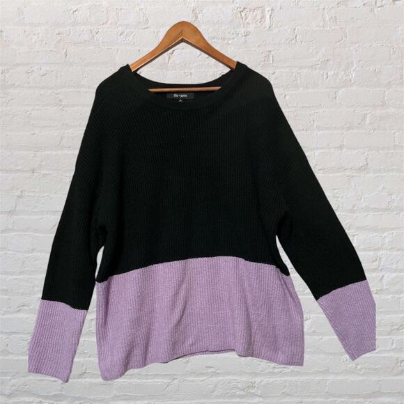 Chloe + Jasmine Black Purple Sweater Long Sleeve Knit Color Block Top 1X NWT - Picture 1 of 9